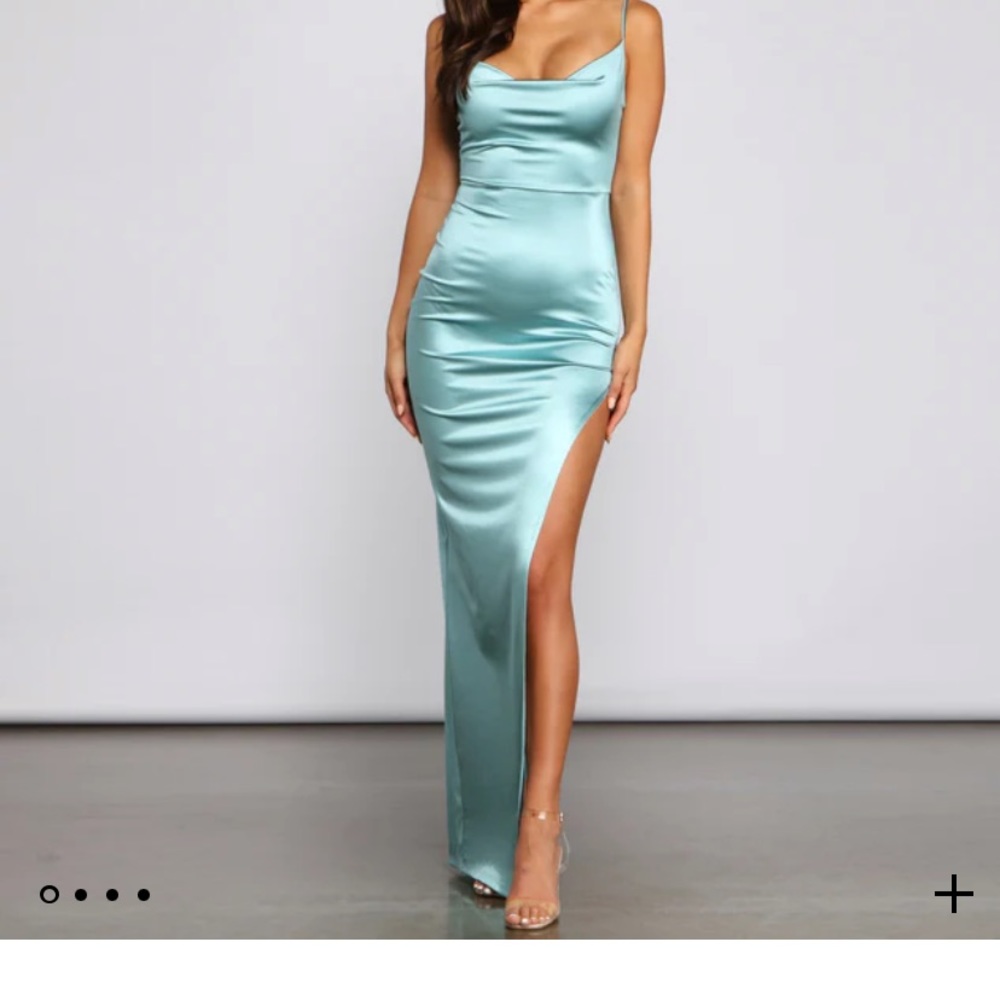 Windsor Long Aqua Turquoise Blue Satin Slit Long Dress